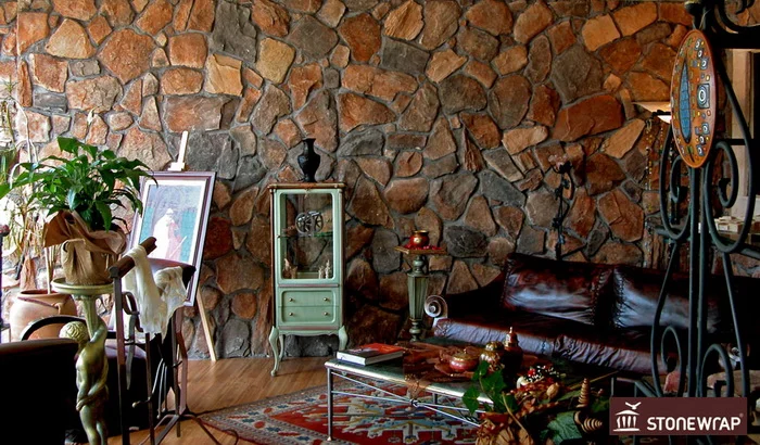 Minimalist iç mekan duvar dekorasyonu kahve taş kaplama