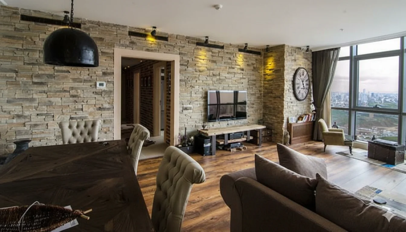 Şömine ve televizyonu birleştiren mimari niş alanlarda Antik Pişmiş Toprak Tuğla Kaplama kullanarak sıcak, davetkâr ve bütünleşik bir tasarım oluşturun. şömine tv arkası tuğla kaplama niş tasarım antik pişmiş toprak iç mekan