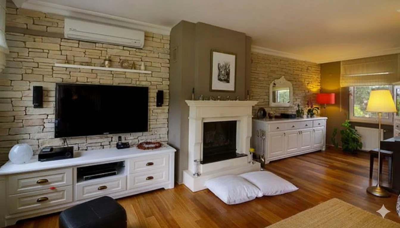 Beyaz ve pastel tonlarla bütünleşen açık renkli kültür taşları, rustik ve modern (Modern Country) tarzları birleştirerek mekanın ferahlığını ve kalıcılığını vurgular. açık renk kültür taşı tv ünitesi modern country salon dekorasyonu beyaz şömine